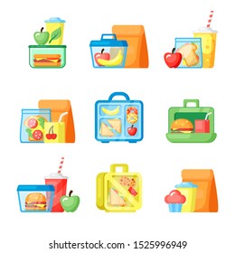 Lunchboxes with sandwiches and fresh fruits flat illustrations set. Papers packaging, meal boxes for food. Plastic cup for fizzy drink. Traditional school snack containers isolated on white background