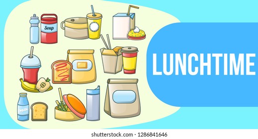 Lunchtime concept banner. Cartoon banner of lunchtime vector concept for web, giftcard and postcard