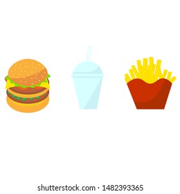 
lunchtime fast food set with large juicy burger, cold drink, and fried french fries