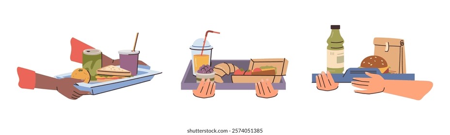 Lunchtime, isolated hands holding dishes and food or snacks for lunch. Vector school or work canteen. Croissant and juice, hamburger and packed meal, soda or juice, vegetables and fruits