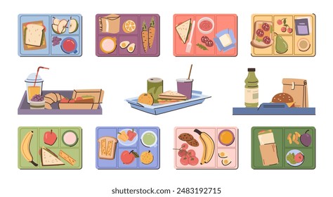 Lunchtime with meal and dishes, isolated food for lunch break at work or school. Vector set of trays with sandwiches and croissant, juice and soda, fresh vegetables and fruits, banana and tomatoes