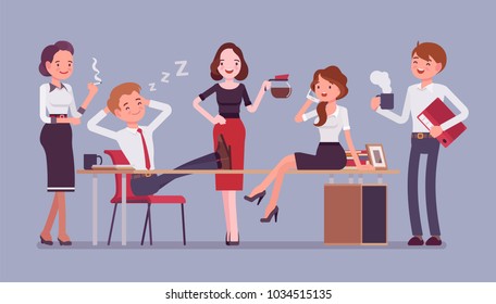 Lunchtime In The Office. Team Of Young Workers Having A Short Break During The Working Day, Enjoy Time Together, Drink A Cup Of Coffee Or Tea, Chat And Smile. Vector Flat Style Cartoon Illustration