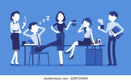 Lunchtime in the office. Team of young workers having a short break during the working day, enjoy time together, drink a cup of coffee or tea, chat and smile. Vector flat style cartoon illustration