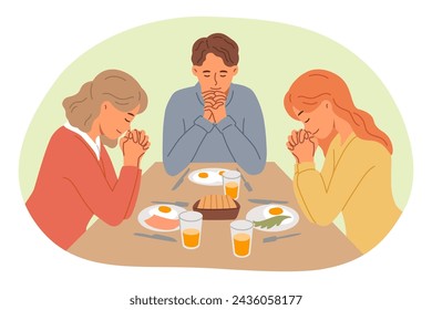 Lunchtime prayer from catholic family thanking god for presence of food on table and opportunity to eat deliciously. Christian lunchtime prayer read by two spouses and teenage daughter