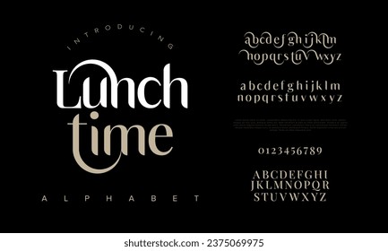 A la hora del almuerzo letras y números elegantes de alta calidad. Elegante tipografía de bodas clásico serif tipo de letra retro vintage decorativo. Ilustración vectorial creativa