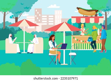 Lunchtime summer outdoor cafe, people together eat breakfast park buffet place, business lunch fast food flat vector illustration.