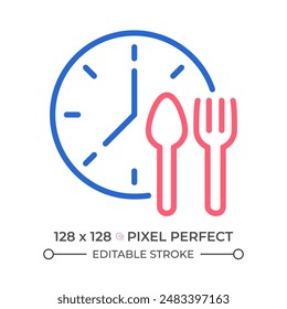 Lunchtime two color line icon. Manage nutrition schedule. Take lunch break at work. Meal periods bicolor outline symbol. Duotone linear pictogram. Isolated illustration. Editable stroke