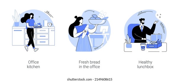 El almuerzo en el trabajo aisló ilustraciones vectoriales de dibujos animados conjunto. Cocina de oficina, pan recién hecho en una oficina inteligente, lonchera saludable, nutrición moderna en el lugar de trabajo, colegas comiendo juntos dibujos animados vectoriales.