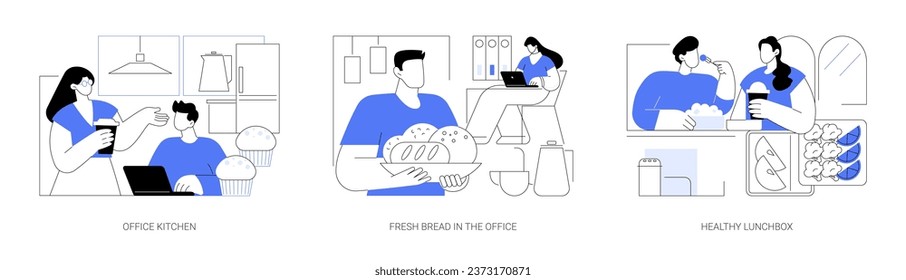 Lunchtime at work isolated cartoon vector illustrations set. Office kitchen, fresh bread in a smart office, healthy lunchbox, modern workplace nutrition, colleagues eating together vector cartoon.