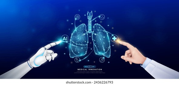 Lung in atom. Doctor and robot finger touching icon AI cross symbol. Health care too artificial intelligence cyborg or technology innovation science medical futuristic. Banner vector EPS10.