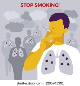 Lung Cancer awareness. Active and passive smoking young men. Illness risk. Don't smoke. Vector illustration. Healthcare poster or banner template.
