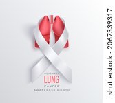 Lung cancer awareness banner with lungs into photorealistic white ribbon on a light backdrop. Symbol of world lung cancer awareness month in november