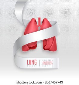 Lung cancer awareness banner with lungs into photorealistic white ribbon on a light backdrop. Symbol of world lung cancer awareness month in november