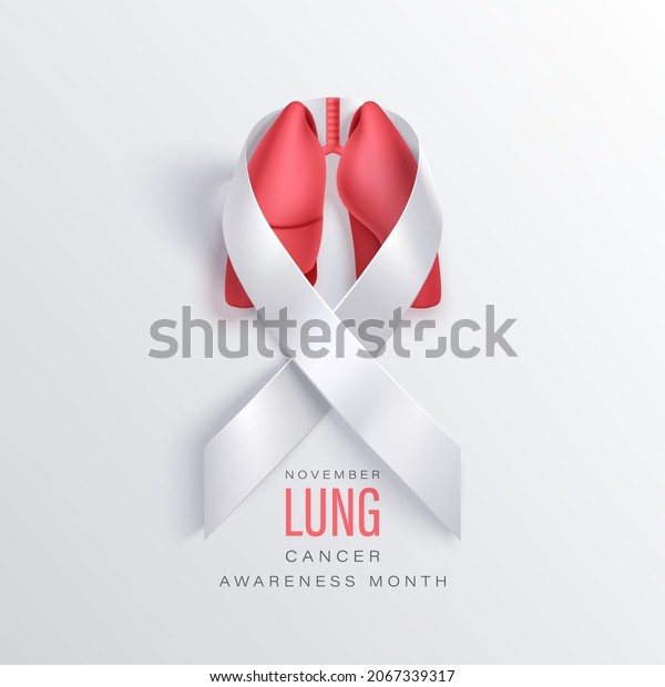 Lung cancer awareness banner with lungs into\
photorealistic white ribbon on a light backdrop. Symbol of world\
lung cancer awareness month in\
november
