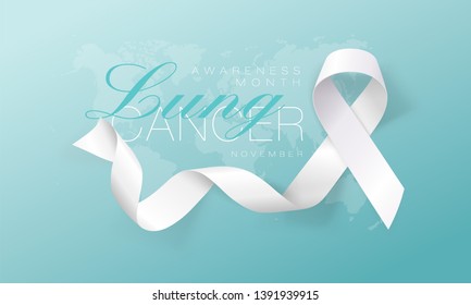 Lung Cancer Awareness Calligraphy Poster Design. Realistic White Ribbon. November is Cancer Awareness Month. Vector Illustration