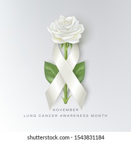 Lung cancer awareness month banner with white ribbon and rose bud with shadow on a light background. Symbol of world lung cancer awareness month in november. Vector illustration.