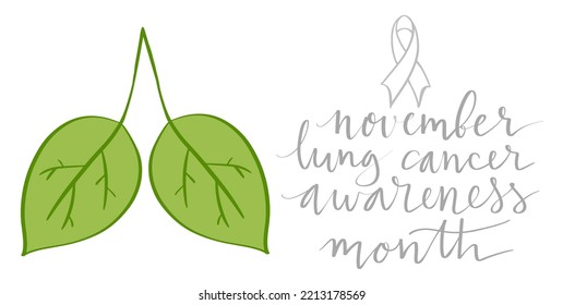 Lung cancer awareness month Novermber handwritten lettering. White support ribbon. Web banner vector