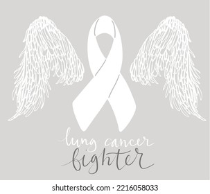 Lung cancer awareness month Novermber handwritten lettering. White support ribbon with angel wings. Web banner vector template