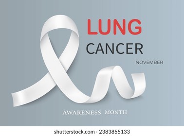 Lung cancer awareness vector illustration with a white ribbon isolated on a gray background. Realistic vector white silk ribbon with loop