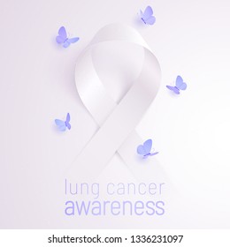 Lung cancer awareness. Vector sticker for volunteers and survivors. White realistic ribbon appears from the iridescent background. Pearl tints. Five bluish lilac butterflies circling around the sign