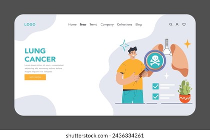 Lung Cancer awareness web or landing. Man inspects magnified lung, revealing smoking dangers. Emphasis on early detection and risks of tobacco. Flat vector illustration.