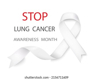 Lung cancer awareness white ribbon vector illustration isolated on transparent background. Realistic vector white silk ribbon with loop.Poster design.