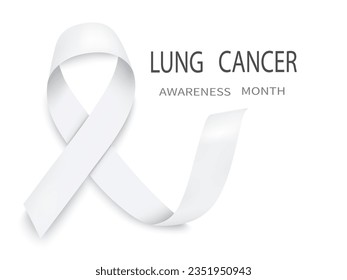 Lung cancer awareness white ribbon vector illustration isolated on transparent background. Realistic vector white silk ribbon with loop.Poster design.