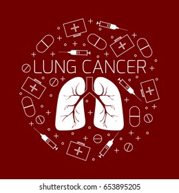 Lung cancer linear icon set on red background. Respiratory organ disease treatment symbols- pills, syringes and first aid boxes. Awareness sign made in line style. Vector illustration.