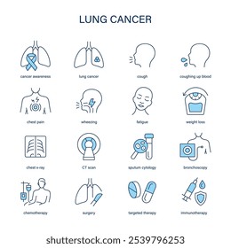 Lung Cancer symptoms, diagnostic and treatment vector icon set. Medical icons.
