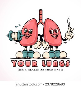 Lung cartoon characters smoking and exercise. Suitable for logos, mascots, t-shirts, stickers and posters