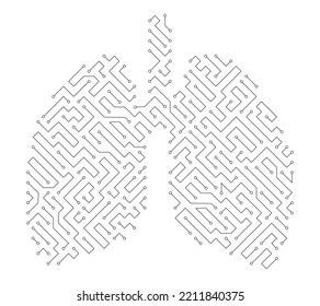 Lung circuit board. Lung technology. Artificial intelligence in Lung shape isolated on dark Blue background.  CPU Organ Circuit board.