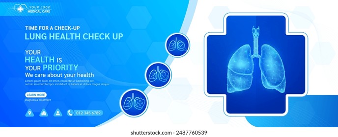 Lung in cross or plus frame. Medical health care check up. Shield and magnifying glass examining organ icon. Template design background banner for medical ads social media editable. Vector.