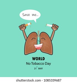 Lung cute cartoon character and broken cigarette with Stop Smoking vector logo design template.May 31st World No Tobacco Day concept.No Smoking Day.No Tobacco Day Awareness Idea .Vector illustration.