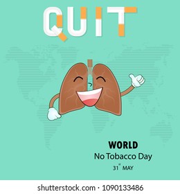 Lung cute cartoon character and Stop Smoking vector logo design template.May 31st World No Tobacco Day concept.No Smoking Day.No Tobacco Day Awareness Idea Campaign.Vector illustration.