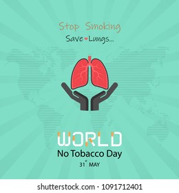 Lung cute cartoon character and Stop Smoking & Save Lungs vector design.May 31st World No Tobacco Day concept.No Smoking Day.No Tobacco Day Awareness Idea Campaign.Vector illustration.