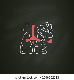 Lung Damage Chalk Icon.Covid Molecule Attacking Lungs. Concept Of Corona Virus Effects, Acute Respiratory Damage, Breathing Failure,pneumonia.Isolated Vector Illustration On Chalkboard