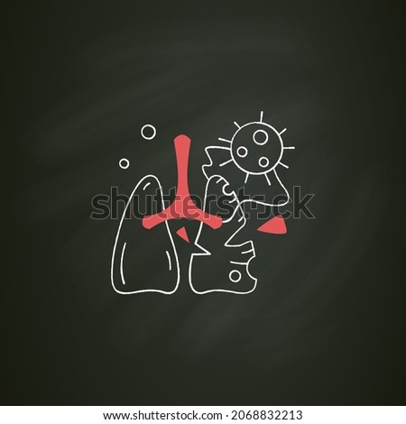 Lung damage chalk icon.Covid molecule attacking lungs. Concept of corona virus effects, acute respiratory damage, breathing failure,pneumonia.Isolated vector illustration on chalkboard