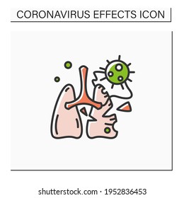 Lung damage color icon. Covid molecule attacking lungs. Concept of corona virus effects, acute respiratory damage, breathing failure and pneumonia. Isolated vector illustration