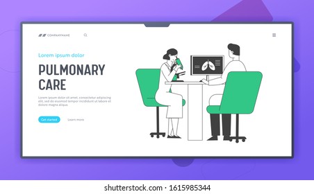 Lung Diagnosis Website Landing Page. Pulmonology Doctors Checking Lungs Watching to Microscope and Learning X-rays Image on Computer Screen Web Page Banner. Cartoon Flat Vector Illustration, Line Art