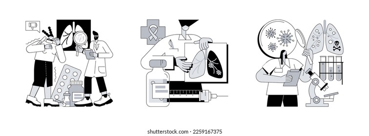 Lung disease abstract concept vector illustration set. Tuberculosis and lung cancer, lower respiratory infections, symptoms and diagnostics, oncology, tumor risk factor, pneumonia abstract metaphor.