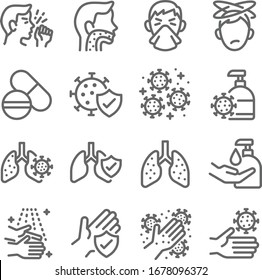 Lung Disease Icon Set Vector Illustration. Contains Such Icon As Clean, Cold Symptoms, Mask, Hand Washing, Sore Throat, Germ, And More. Expanded Stroke