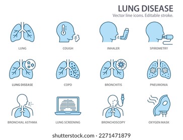 lung disease icons, such as bronchitis, bronchial asthma, spirometry and more. Vector illustration isolated on white. Editable stroke. Change to any size and any colour.