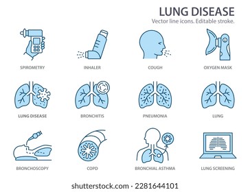 lung disease icons, such as bronchitis, bronchial asthma, spirometry, bronchoscopy and more. Vector illustration isolated on white. Editable stroke. Change to any size and any colour.