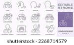 lung disease icons, such as copd, cough, bronchitis, spirometry and more. Editable stroke.