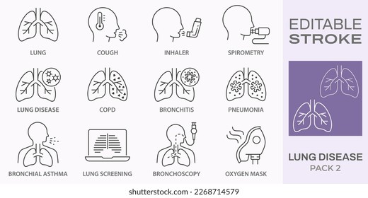 íconos de la enfermedad pulmonar, tales como copo, tos, bronquitis, espirometría y más. Trazo editable.