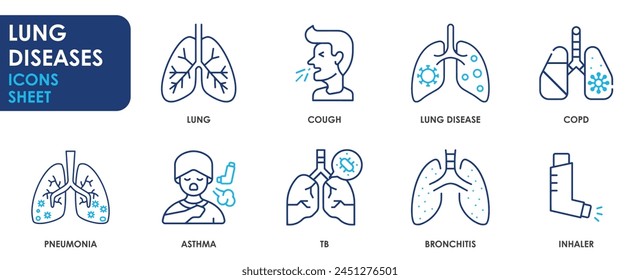 lung disease icons, such as copd, cough and so on. Icons set related to respiration.