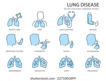 lung disease icons, such as pneumonia, bronchitis, bronchial asthma and more. Vector illustration isolated on white. Editable stroke. Change to any size and any colour.