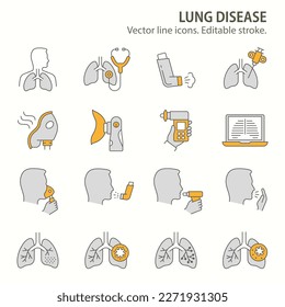 Lungenkrankheiten wie Lungenentzündung, Nebulizer, Bronchoskopie, Bronchitis und mehr. Vektorgrafik einzeln auf Weiß. Bearbeitbarer Strich.