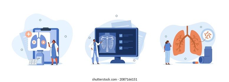 Lung disease illustration set. Doctor examining patient chest x-ray and diagnosing infection in respiratory system. Patient suffer from asthma. Healthcare and medicine concept. Vector illustration.