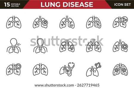 lung disease line icon set, such as copd, cough, bronchitis, spirometry and more. Editable stroke.